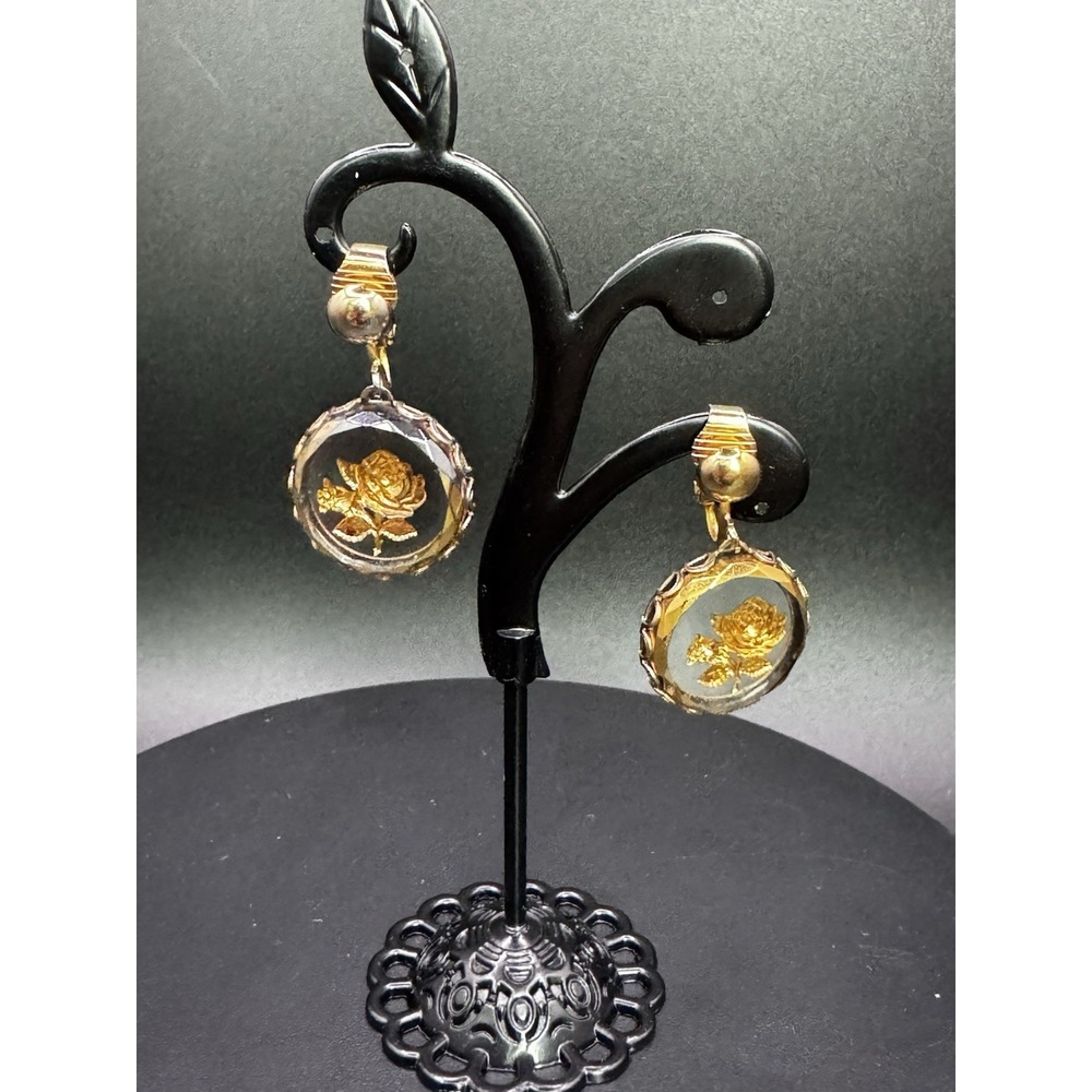 Vintage Judy Lee Craved Cameo‎ Rose Clip On Dangle Earrings